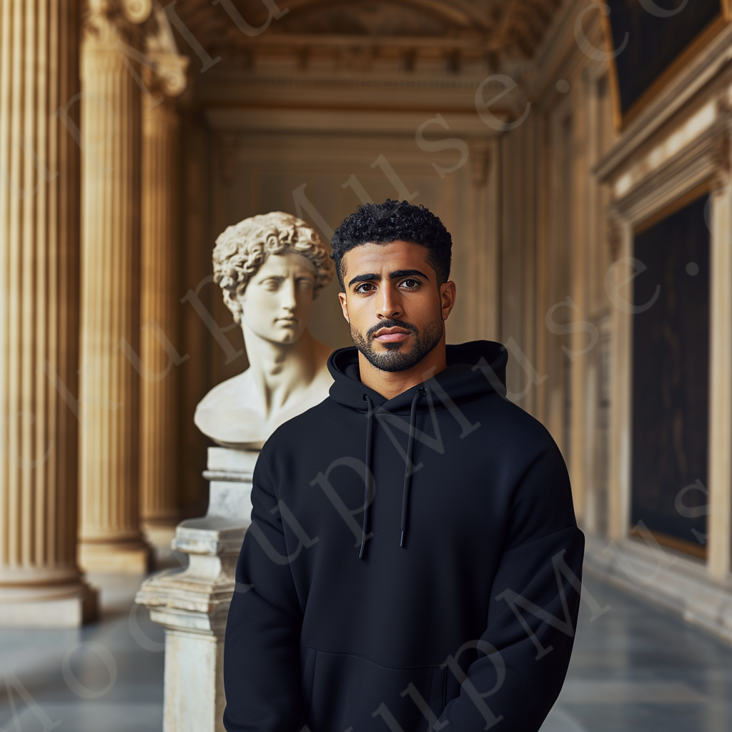 Men’s black Gildan 18500 hoodie mockup, editorial + european lifestyle scene, front view, digital download.
