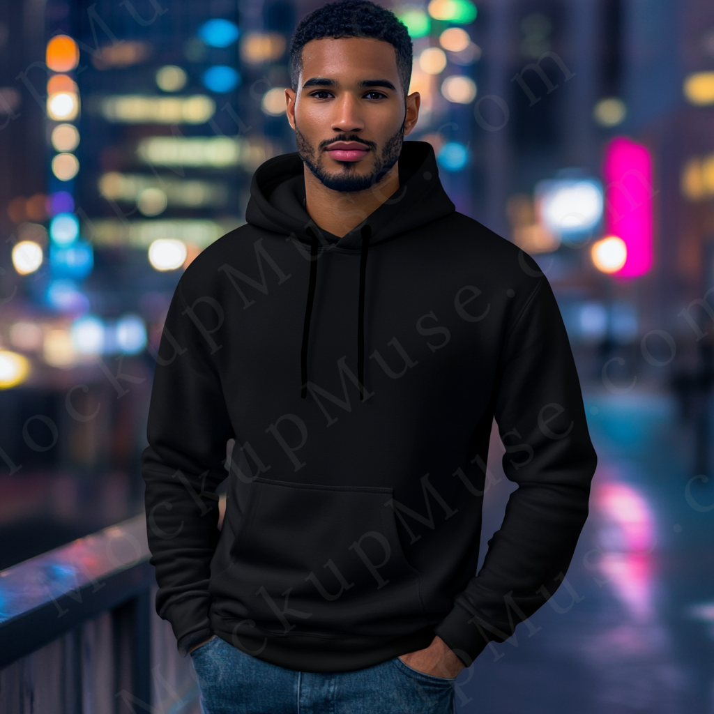 Men’s black Gildan 18500 hoodie mockup, city lifestyle (night urban), front view, digital download.
