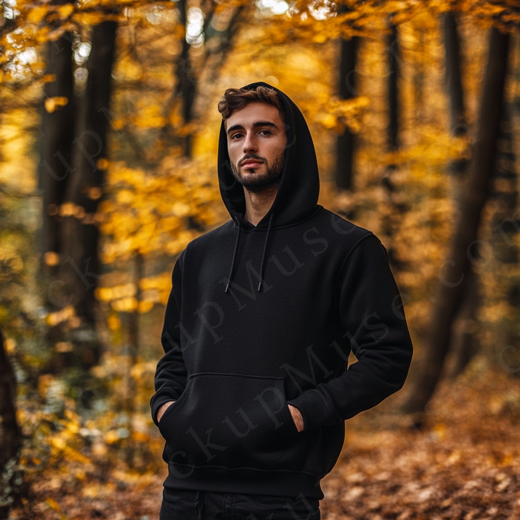 Men’s black Gildan 18500 hoodie mockup, autumn lifestyle, front view, digital download.
