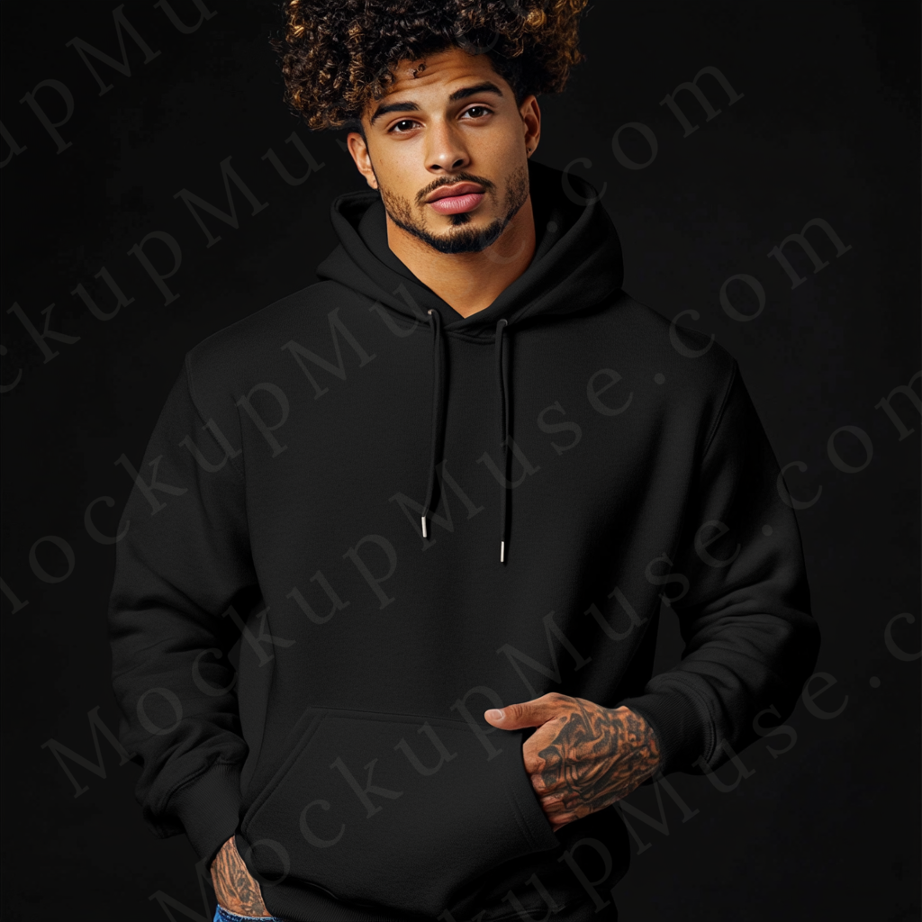 Men’s black Gildan 18500 hoodie mockup, studio (tattooed model), front view, digital download.