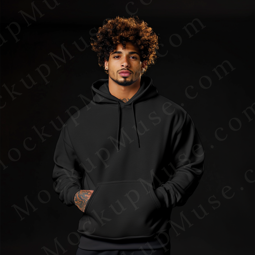Men’s black Gildan 18500 hoodie mockup, studio (tattooed model), front view, digital download.