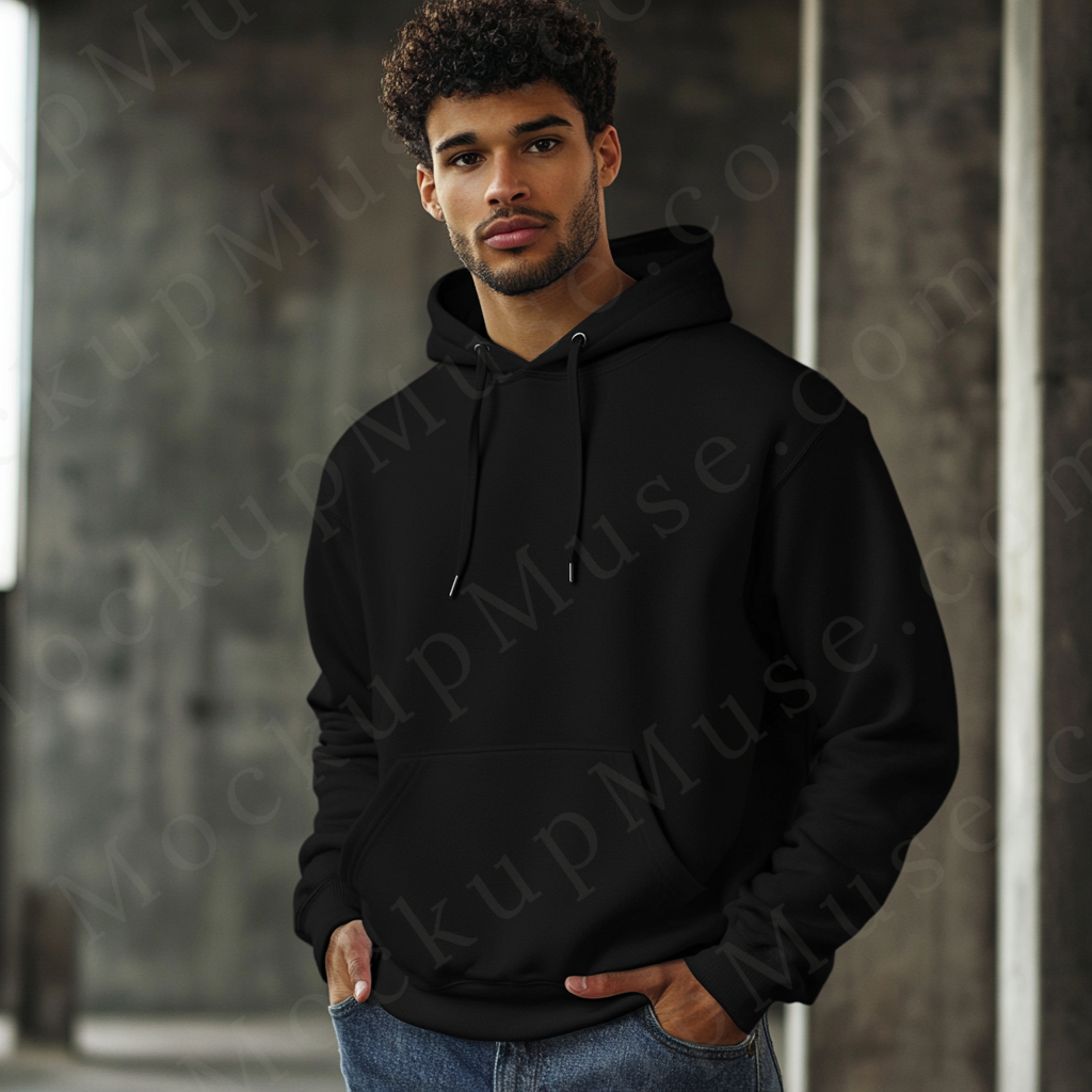 Men’s black Gildan 18500 hoodie mockup, editorial / lifestyle, front view, digital download.