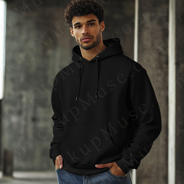 Men’s black Gildan 18500 hoodie mockup, editorial / lifestyle, front view, digital download.