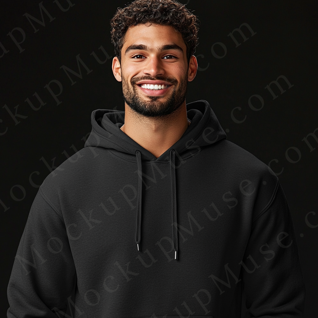 Men’s black Gildan 18500 hoodie mockup, studio (smiling model), front view, digital download.