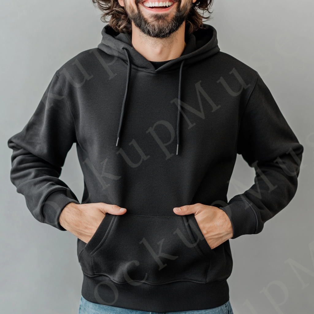 Hoodie Mockup – Black Pullover (Gildan 18500 fit), Men's, Studio Scene, Front View