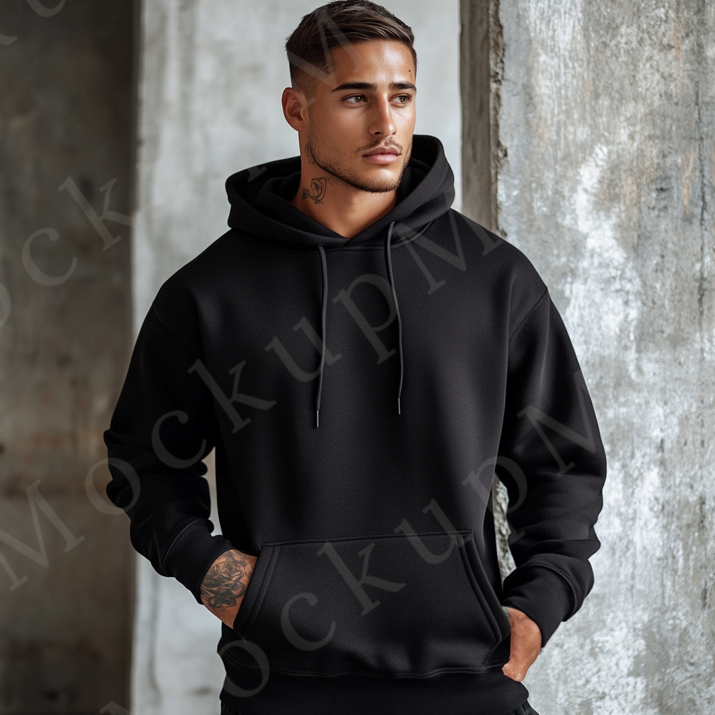 Hoodie Mockup – Black Pullover (Gildan 18500 fit), Men's, Studio Scene, Front View
