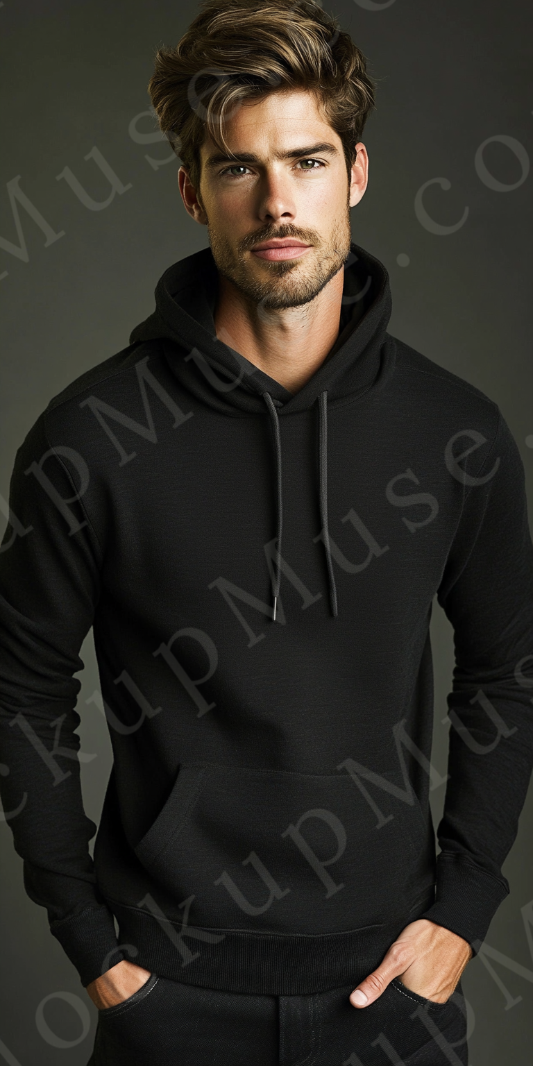 Hoodie Mockup – Black Pullover (Gildan 18500 fit), Men's, Studio Scene, Front View
