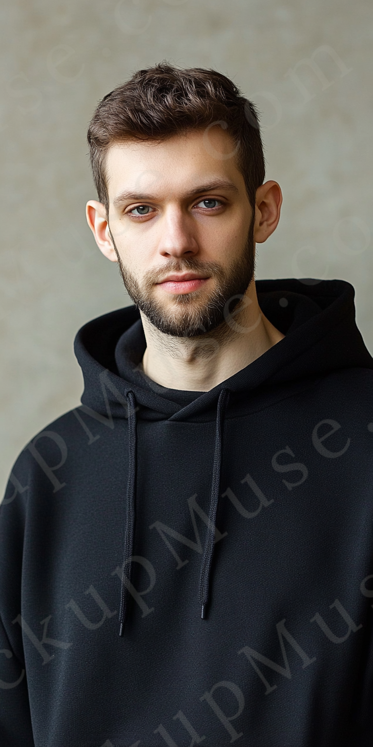 Hoodie Mockup – Black Pullover (Gildan 18500 fit), Men's, Studio Scene, Front View