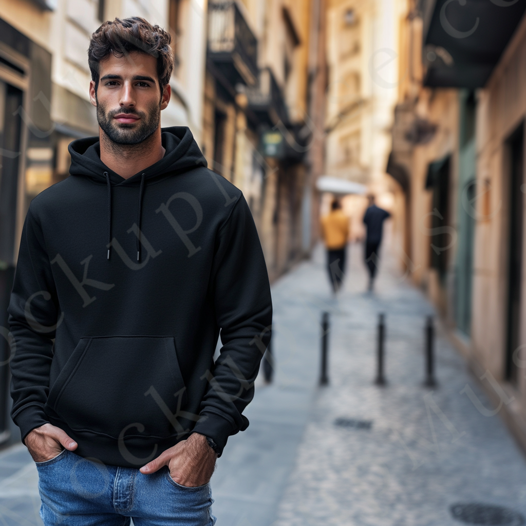 Hoodie Mockup – Black Pullover (Gildan 18500 fit), Men's, European Lifestyle Scene, Front View
