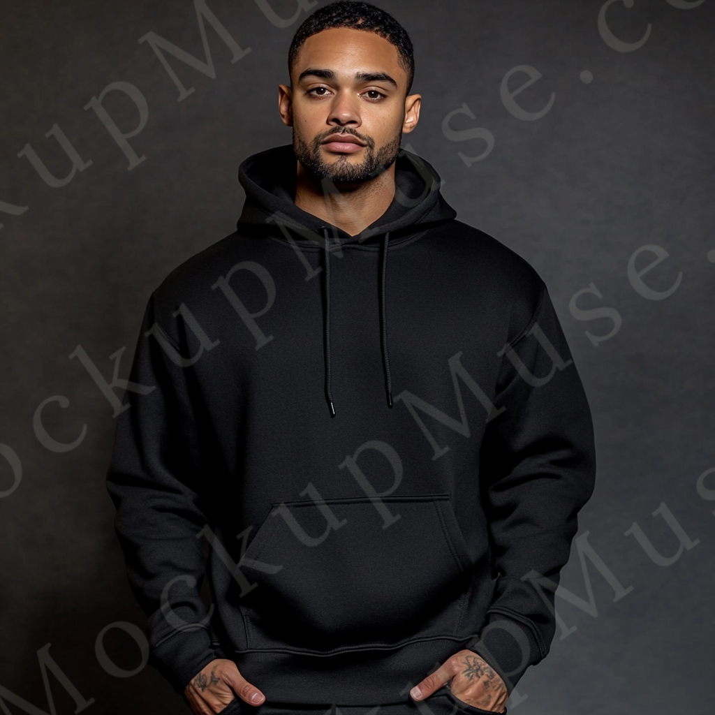 Hoodie Mockup – Black Pullover (Gildan 18500 fit), Men's, Studio Scene, Front View