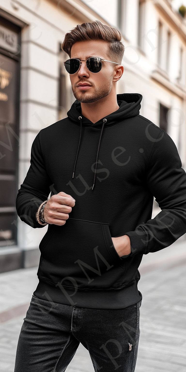 Hoodie Mockup – Black Pullover (Gildan 18500 fit), Men's, City Lifestyle Scene, Front View