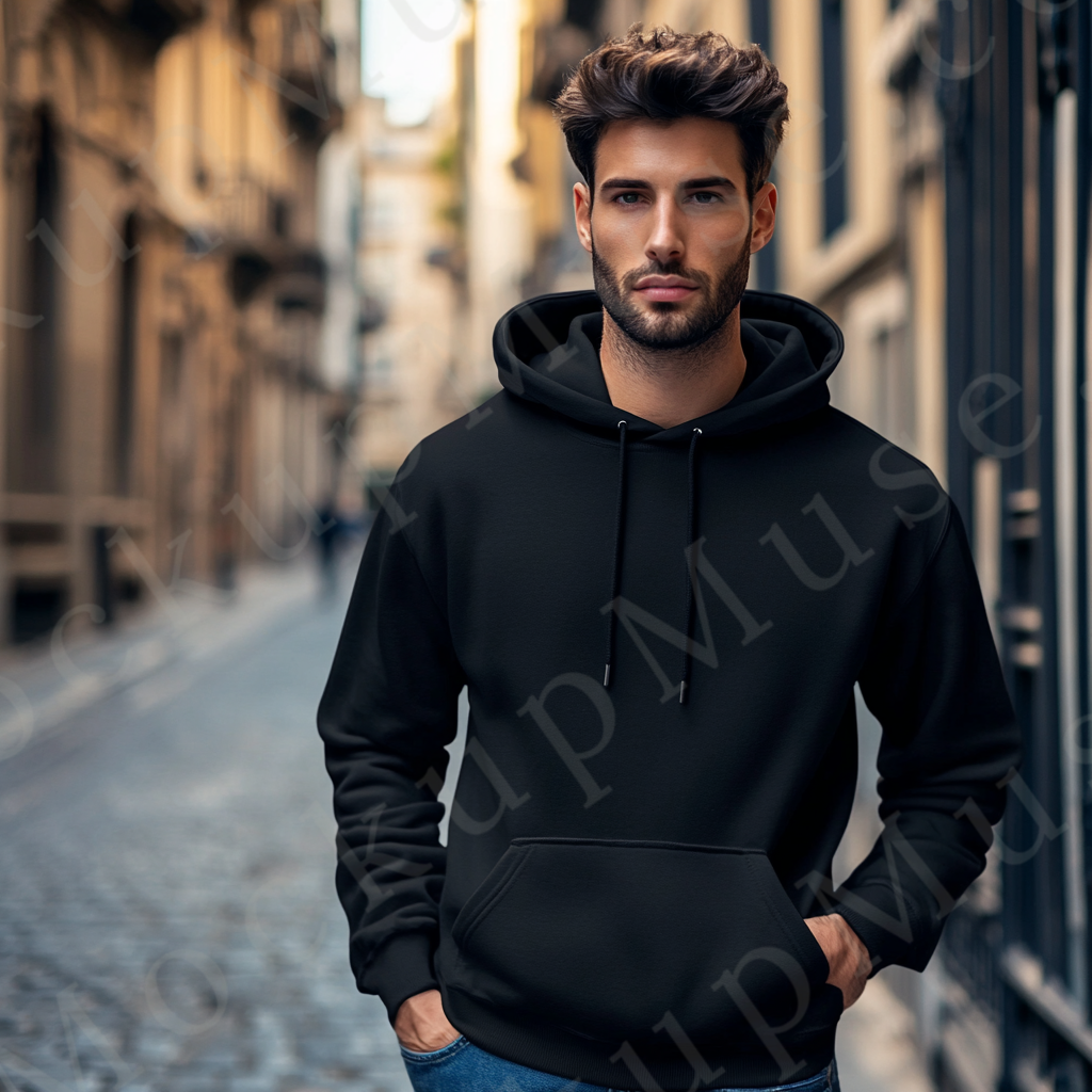 Hoodie Mockup – Black Pullover (Gildan 18500 fit), Men's, European Lifestyle Scene, Front View