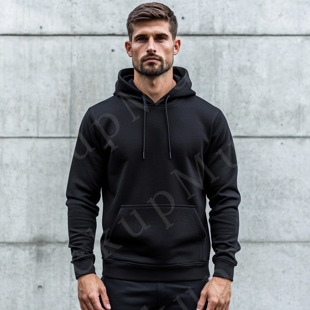 Hoodie Mockup – Black Pullover (Gildan 18500 fit), Men's, City Lifestyle Scene, Front View