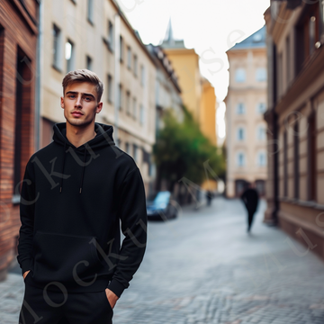 Hoodie Mockup – Black Pullover (Gildan 18500 fit), Men's, City Lifestyle Scene, Front View