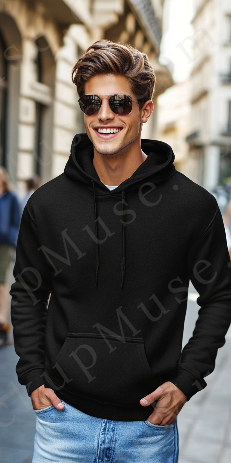 Hoodie Mockup – Black Pullover (Gildan 18500 fit), Men's, City Lifestyle Scene, Front View