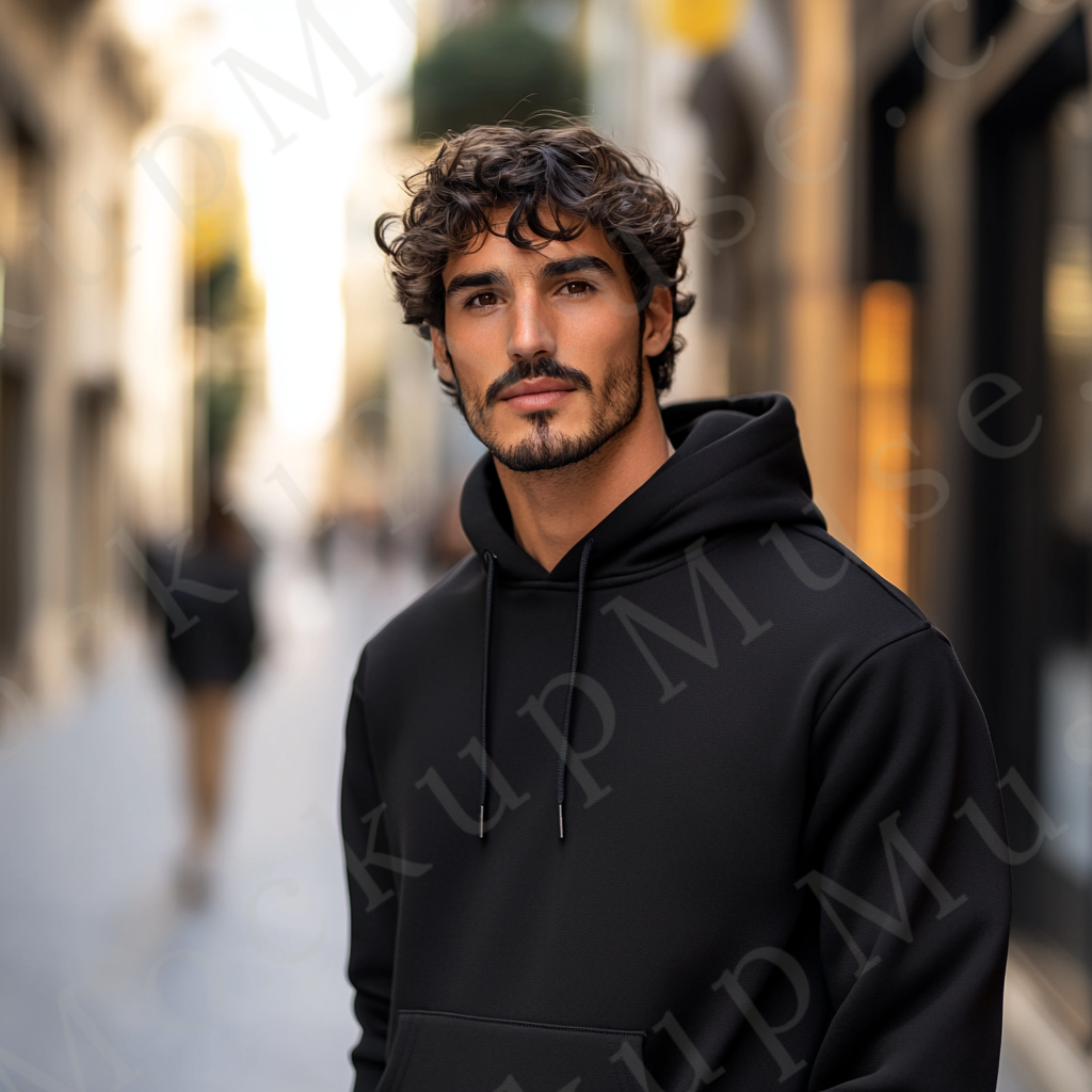 Hoodie Mockup – Black Pullover (Gildan 18500 fit), Men's, City Lifestyle Scene, Front View
