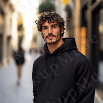 Hoodie Mockup – Black Pullover (Gildan 18500 fit), Men's, City Lifestyle Scene, Front View