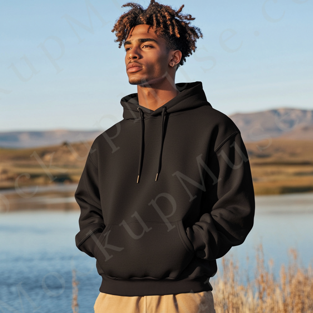 Hoodie Mockup – Black Pullover (Gildan 18500 fit), Men's, Lifestyle Scene, Front View