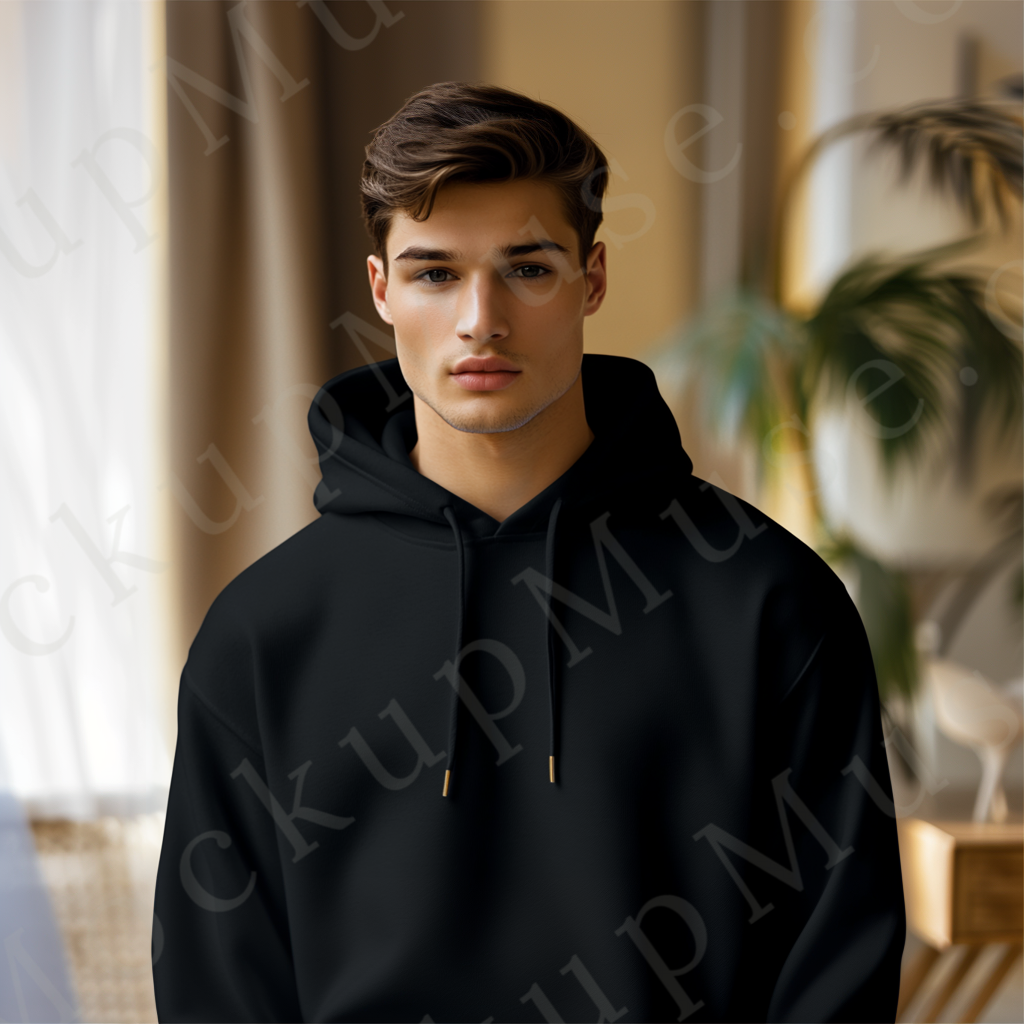 Men’s black Gildan 18500 hoodie mockup, city lifestyle scene, front view, digital download.