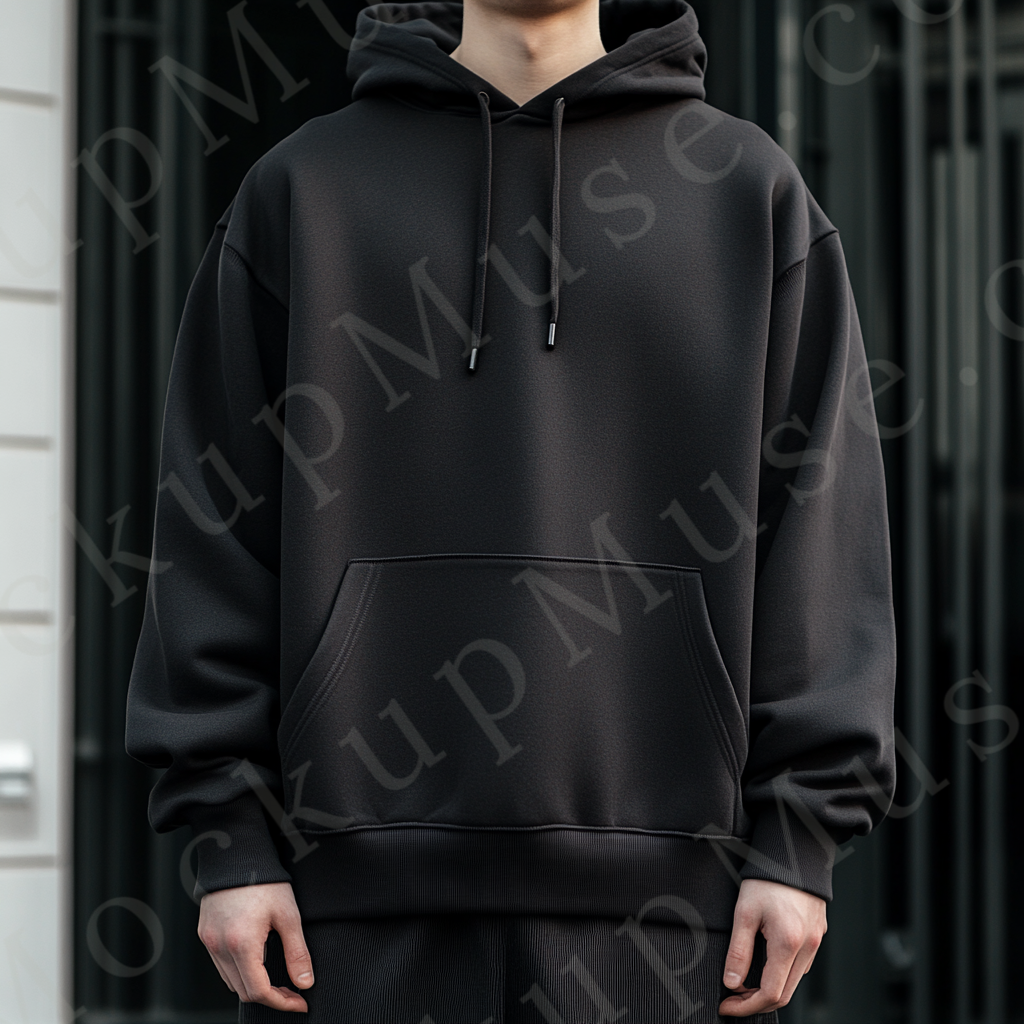 Men’s black Gildan 18500 hoodie mockup, studio scene, front view, digital download.