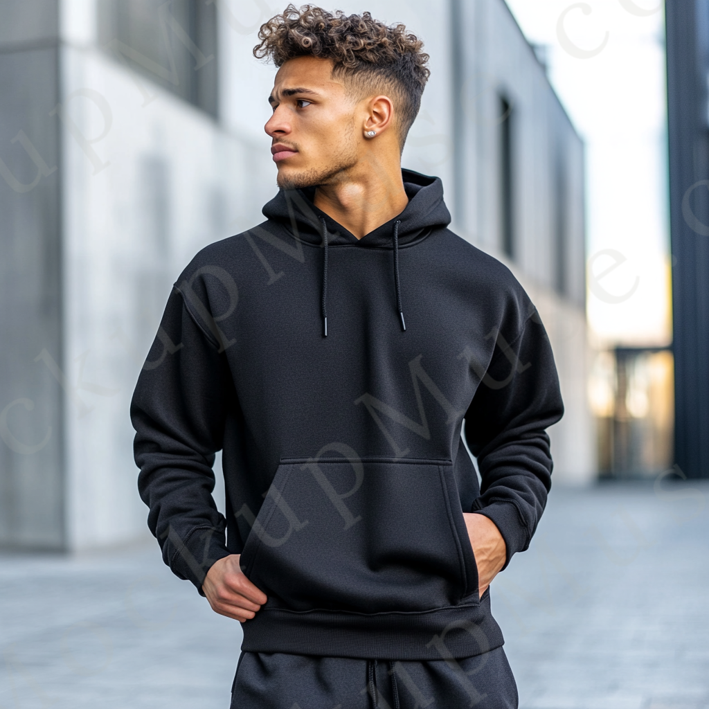 Men’s black Gildan 18500 hoodie mockup, studio scene, front view, digital download.