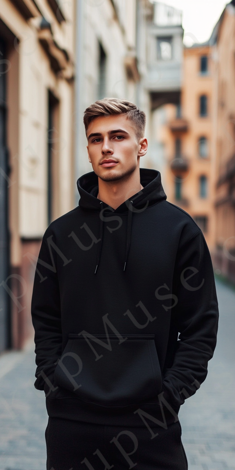 Men’s black Gildan 18500 hoodie mockup, studio scene, front view, digital download.