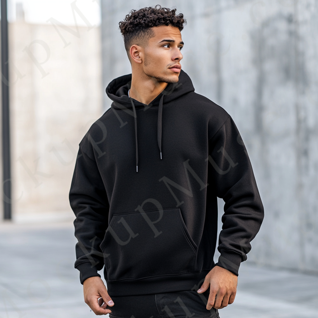 Men’s black Gildan 18500 hoodie mockup, city lifestyle scene, front view, digital download.