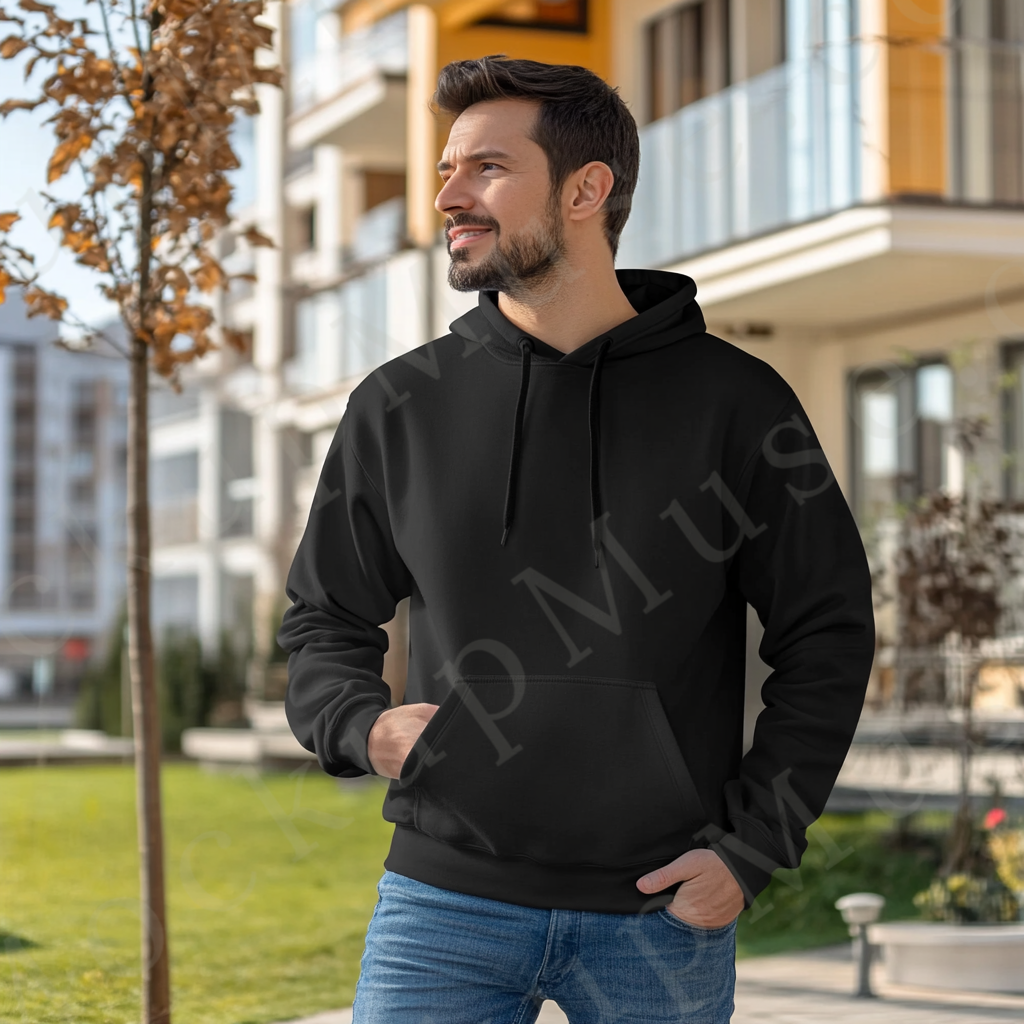 Men’s black Gildan 18500 hoodie mockup, city lifestyle scene, front view, digital download.