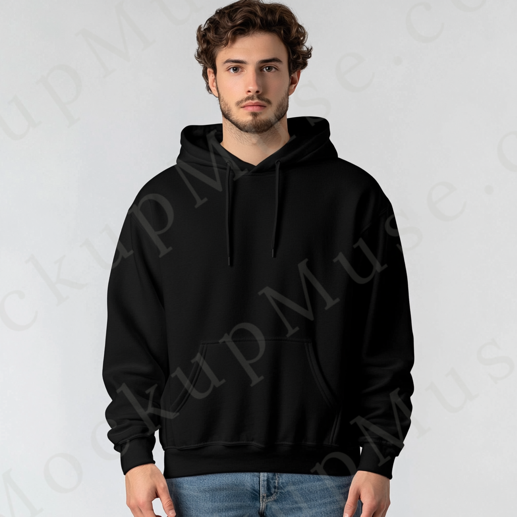 Men’s black Gildan 18500 hoodie mockup, city lifestyle scene, front view, digital download.