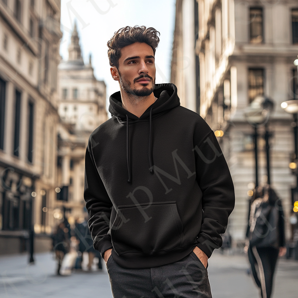 Men’s black Gildan 18500 hoodie mockup, city lifestyle scene, front view, digital download.