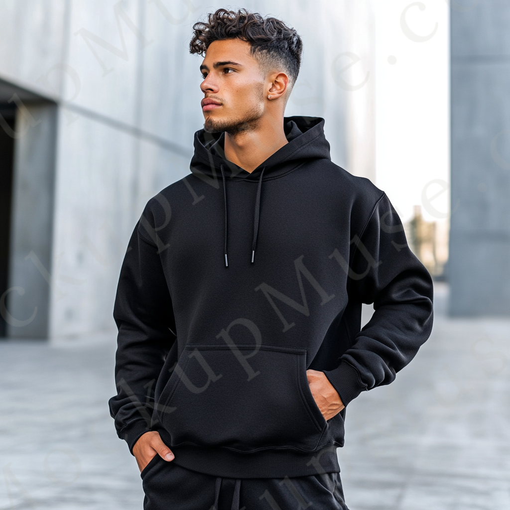 Men’s black Gildan 18500 hoodie mockup, city lifestyle scene, front view, digital download.
