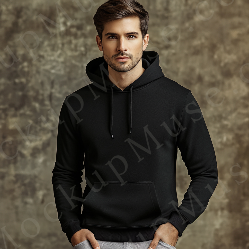 Men’s black Gildan 18500 hoodie mockup, city lifestyle scene, front view, digital download.