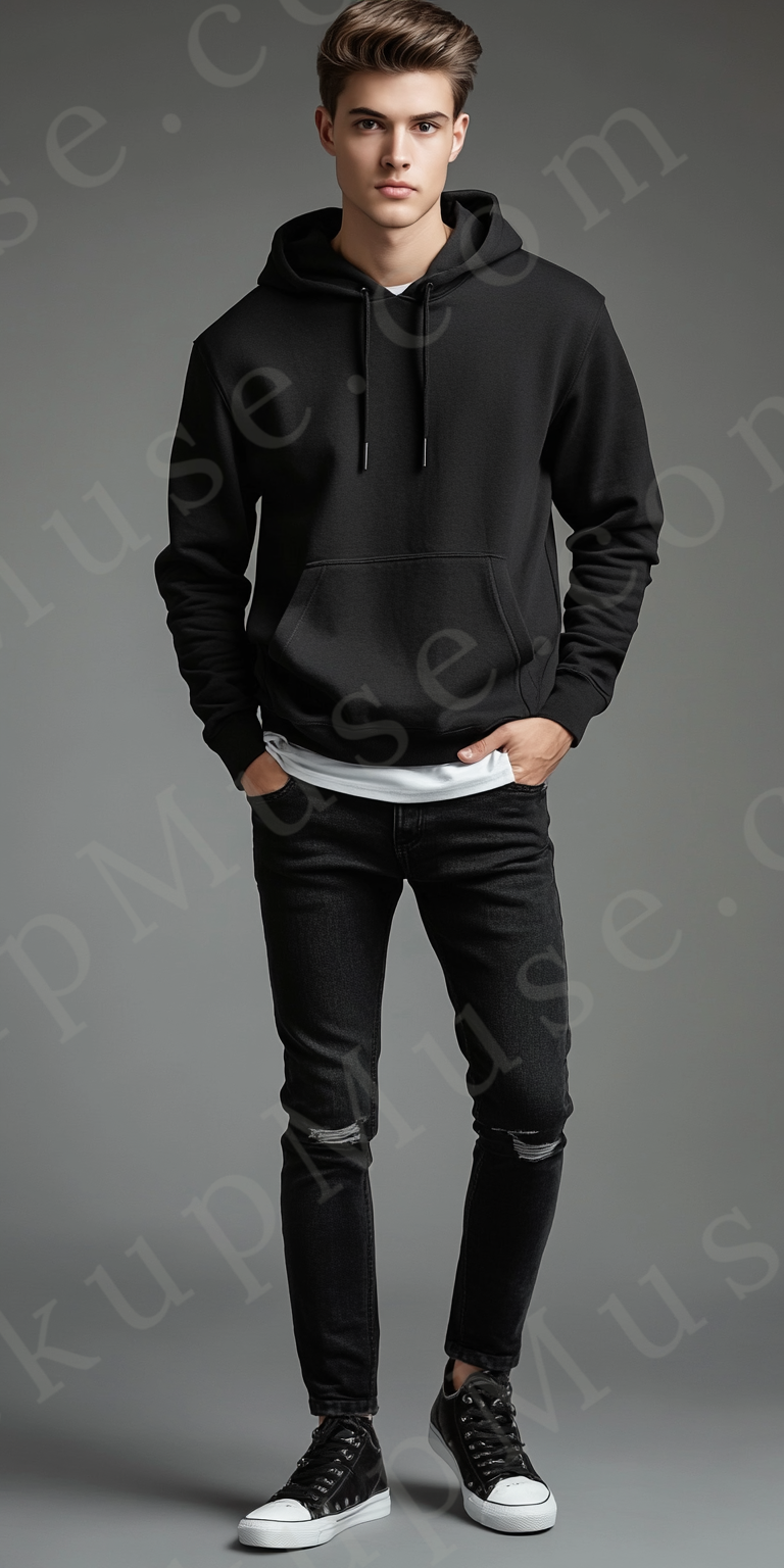 Men’s black Gildan 18500 hoodie mockup, studio scene, front view, digital download.