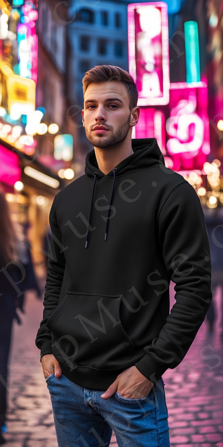 Men’s black Gildan 18500 hoodie mockup, city lifestyle scene, front view, digital download.