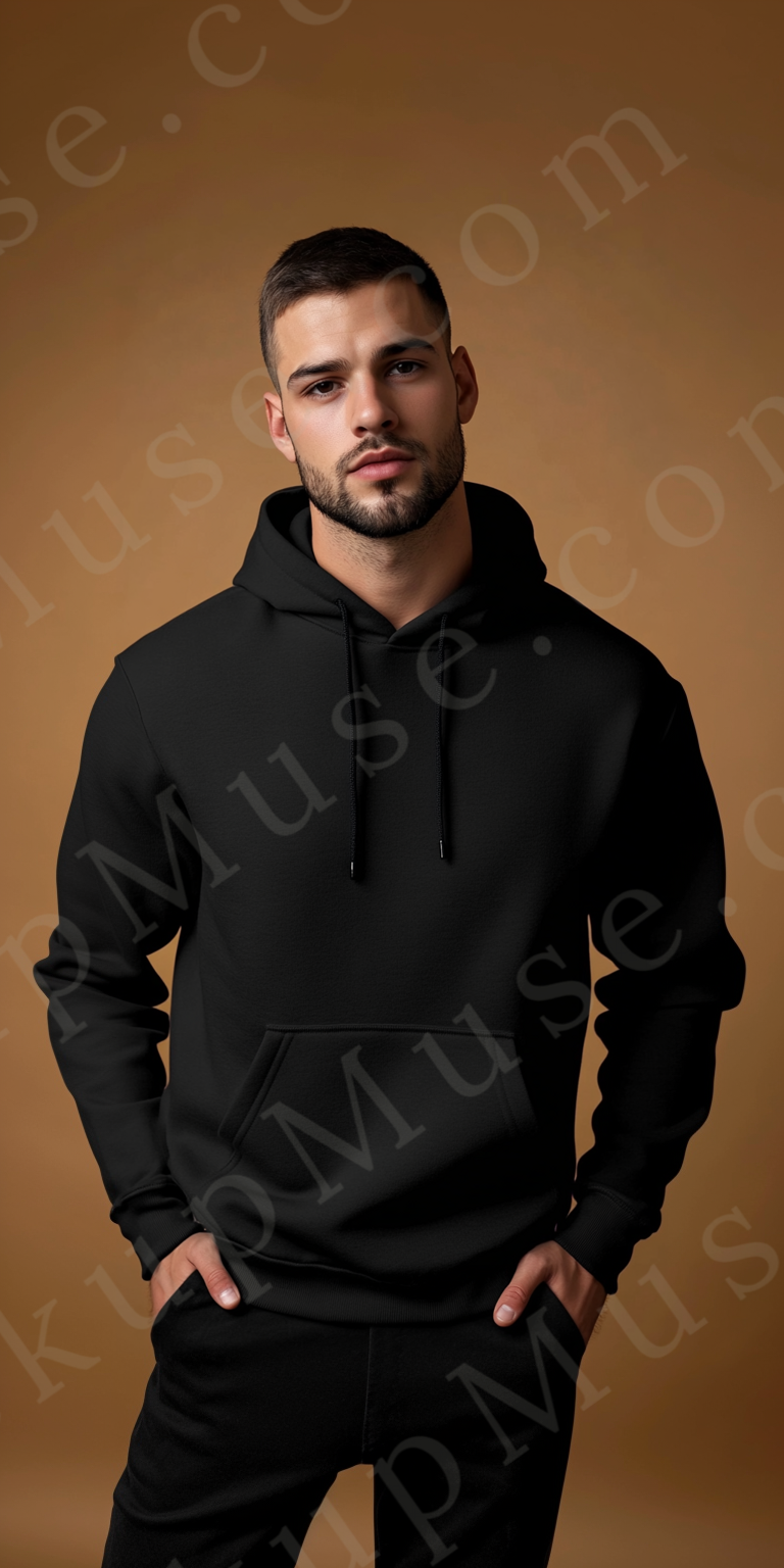 Men’s black Gildan 18500 hoodie mockup, city lifestyle scene, front view, digital download.