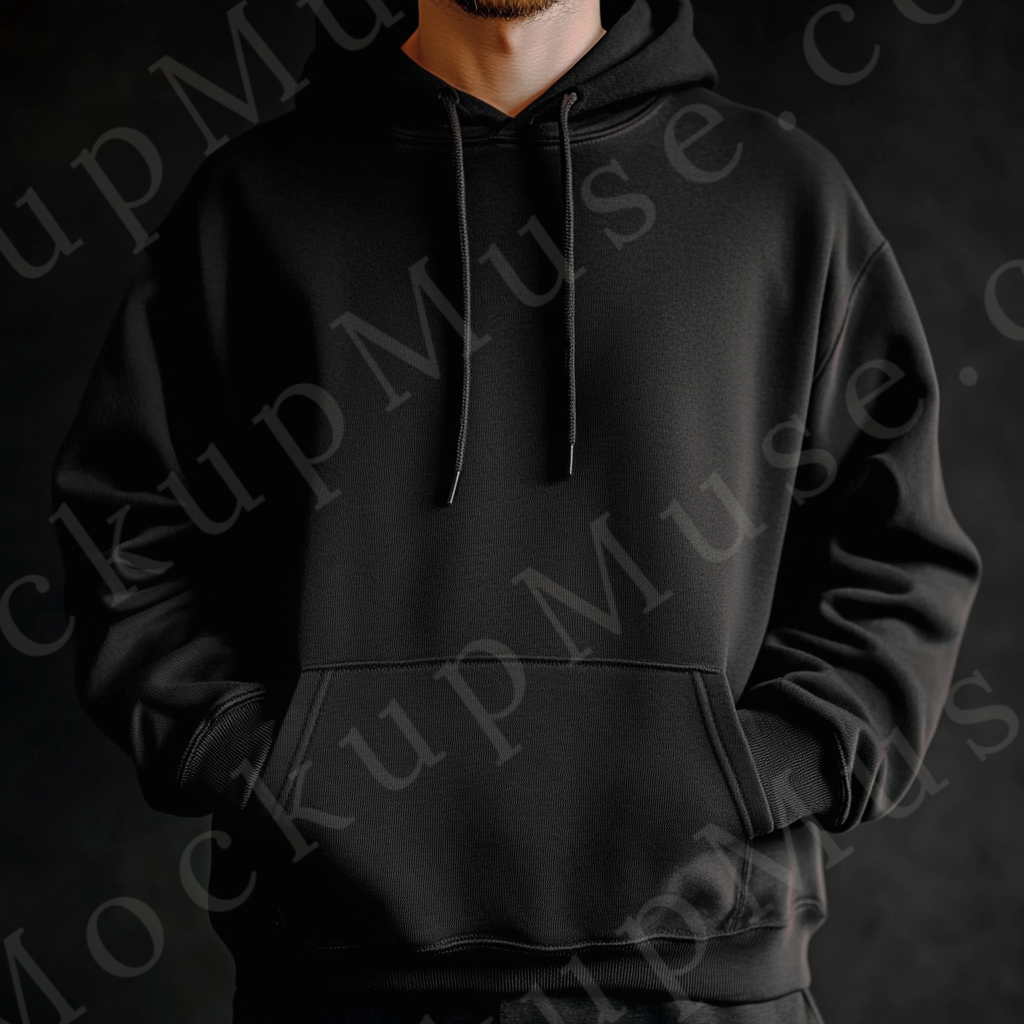 Men’s black Gildan 18500 hoodie mockup, studio scene, front view, digital download.