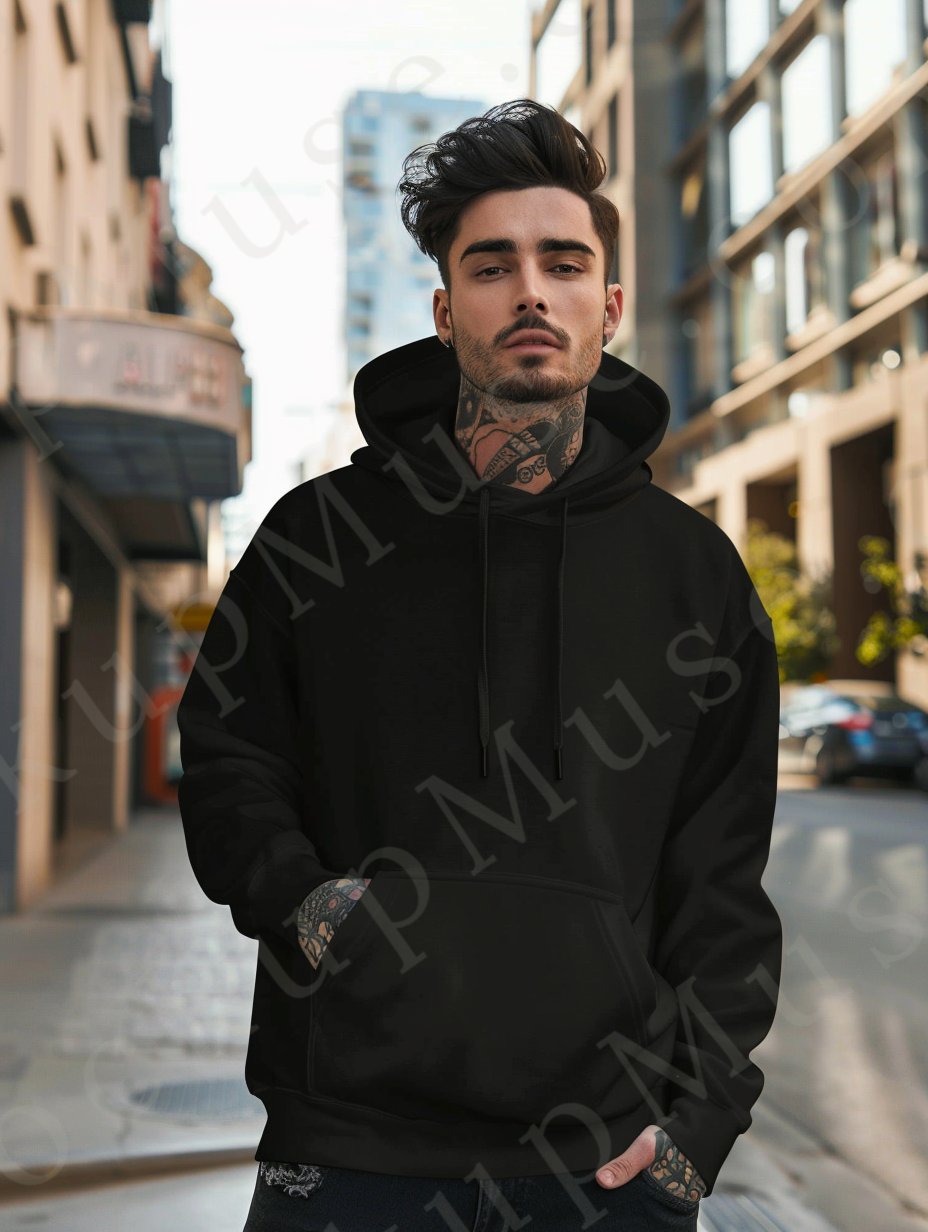 Men’s black Gildan 18500 hoodie mockup, city lifestyle scene, front view, digital download.