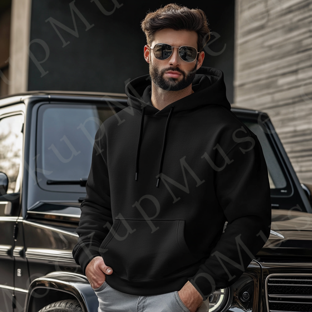 Men’s black Gildan 18500 hoodie mockup, city lifestyle scene, front view, digital download.