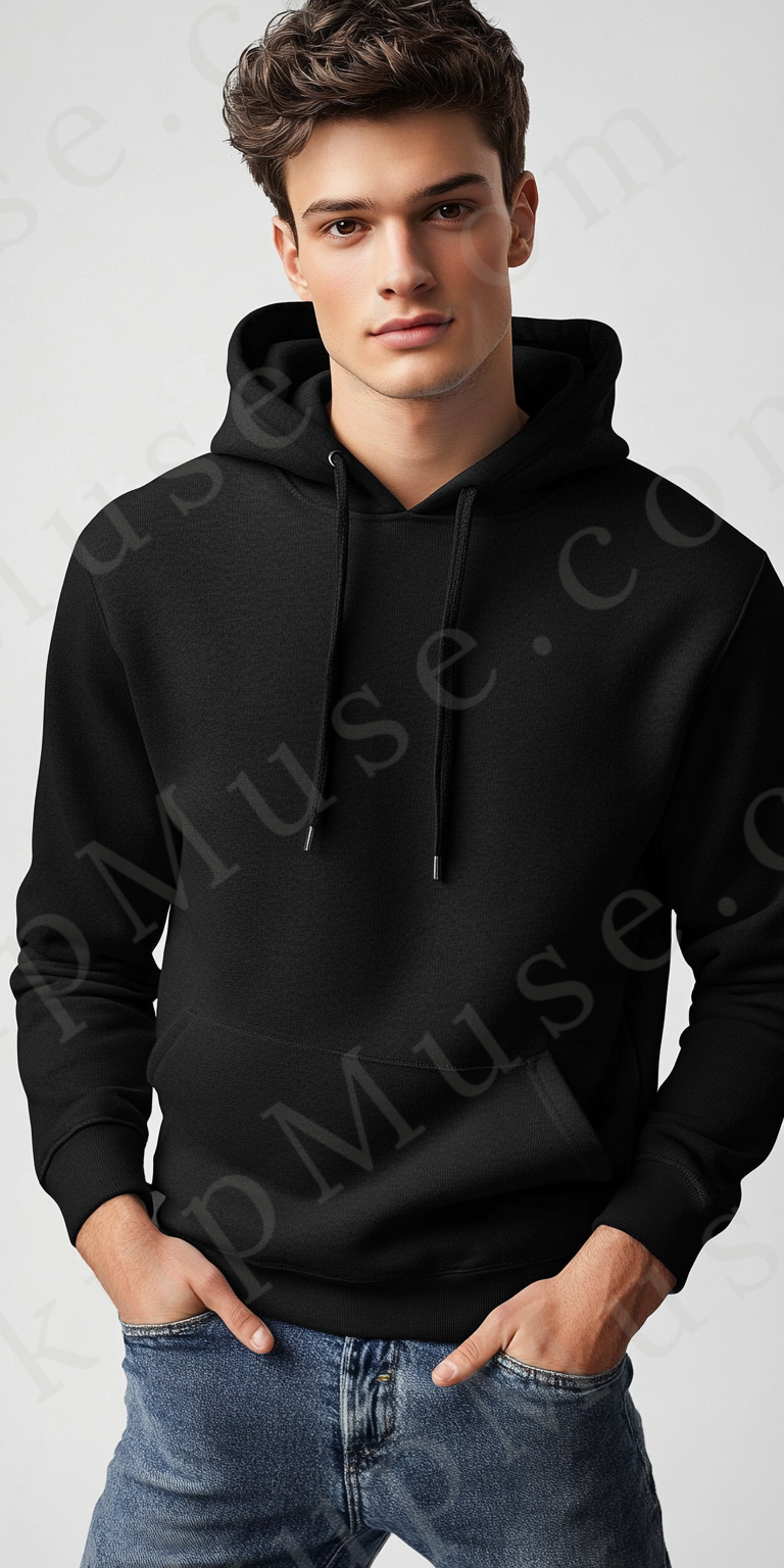 Men’s black Gildan 18500 hoodie mockup, city lifestyle scene, front view, digital download.