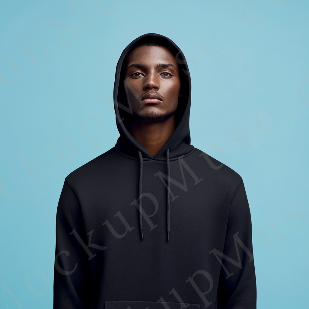 Men’s black Gildan 18500 hoodie mockup, city lifestyle scene, front view, digital download.
