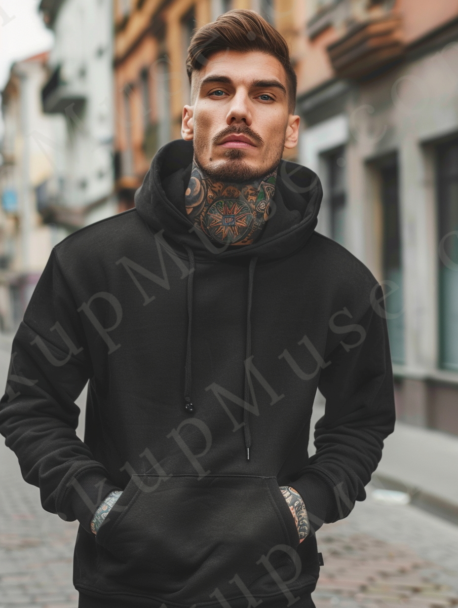 Men’s black Gildan 18500 hoodie mockup, city lifestyle scene, front view, digital download.