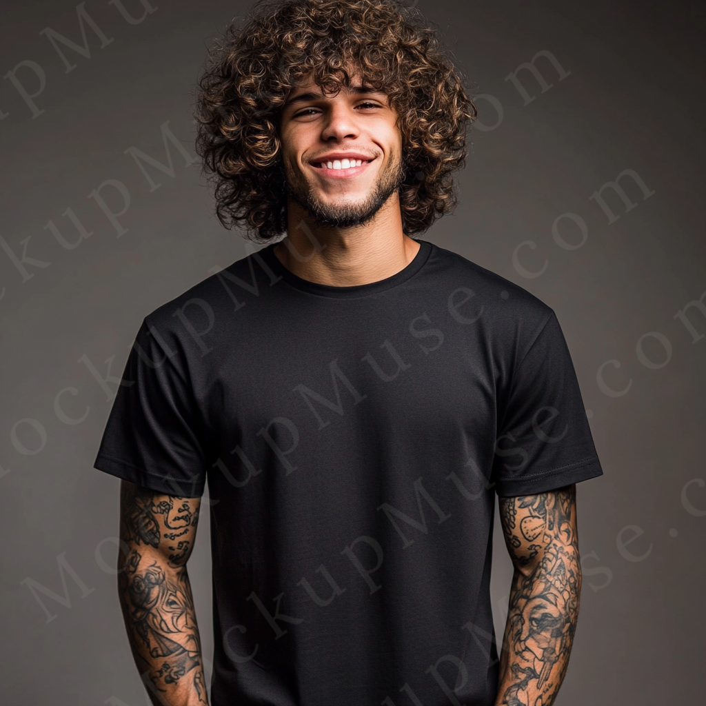 Men’s Black T-Shirt, Model with Tattoos, Studio Scene, Front View (Gildan 5000), Digital Download, Gildan 5000 T-Shirt POD Mockup
