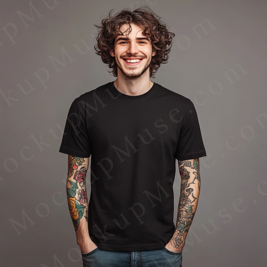 Men’s Black T-Shirt, Casual Model, Studio Scene, Front View (Gildan 5000), Digital Download, Gildan 5000 T-Shirt POD Mockup