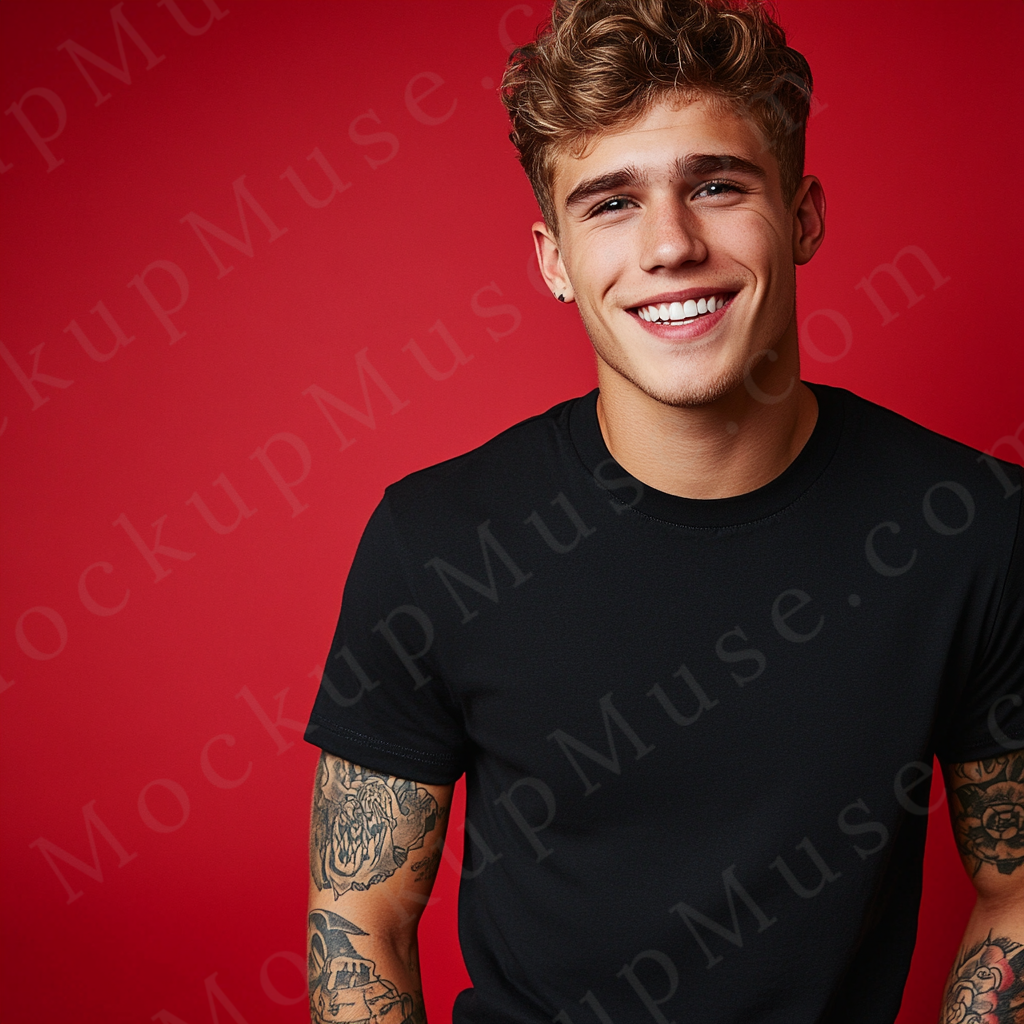 Men’s Black T-Shirt, Red Background Studio Scene, Front View (Gildan 5000), Digital Download, Gildan 5000 T-Shirt POD Mockup