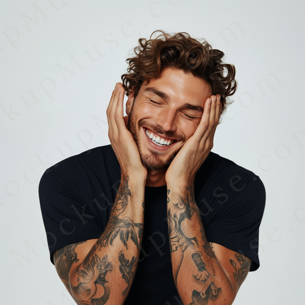 Men’s Black T-Shirt, Smiling Model, Studio Scene, Front View (Gildan 5000), Digital Download, Gildan 5000 T-Shirt POD Mockup