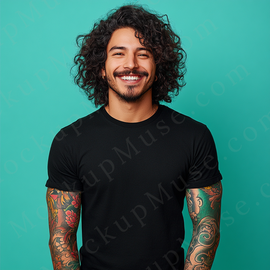 Men’s Black T-Shirt, Teal Background Studio Scene, Front View (Gildan 5000), Digital Download, Gildan 5000 T-Shirt POD Mockup