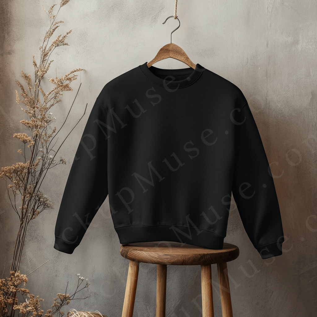 Black Sweatshirt, No Model, Hanging on Stool, Lifestyle Scene, Front View (Gildan 18000), Digital Download, Gildan 18000 Sweatshirt POD Mockup
