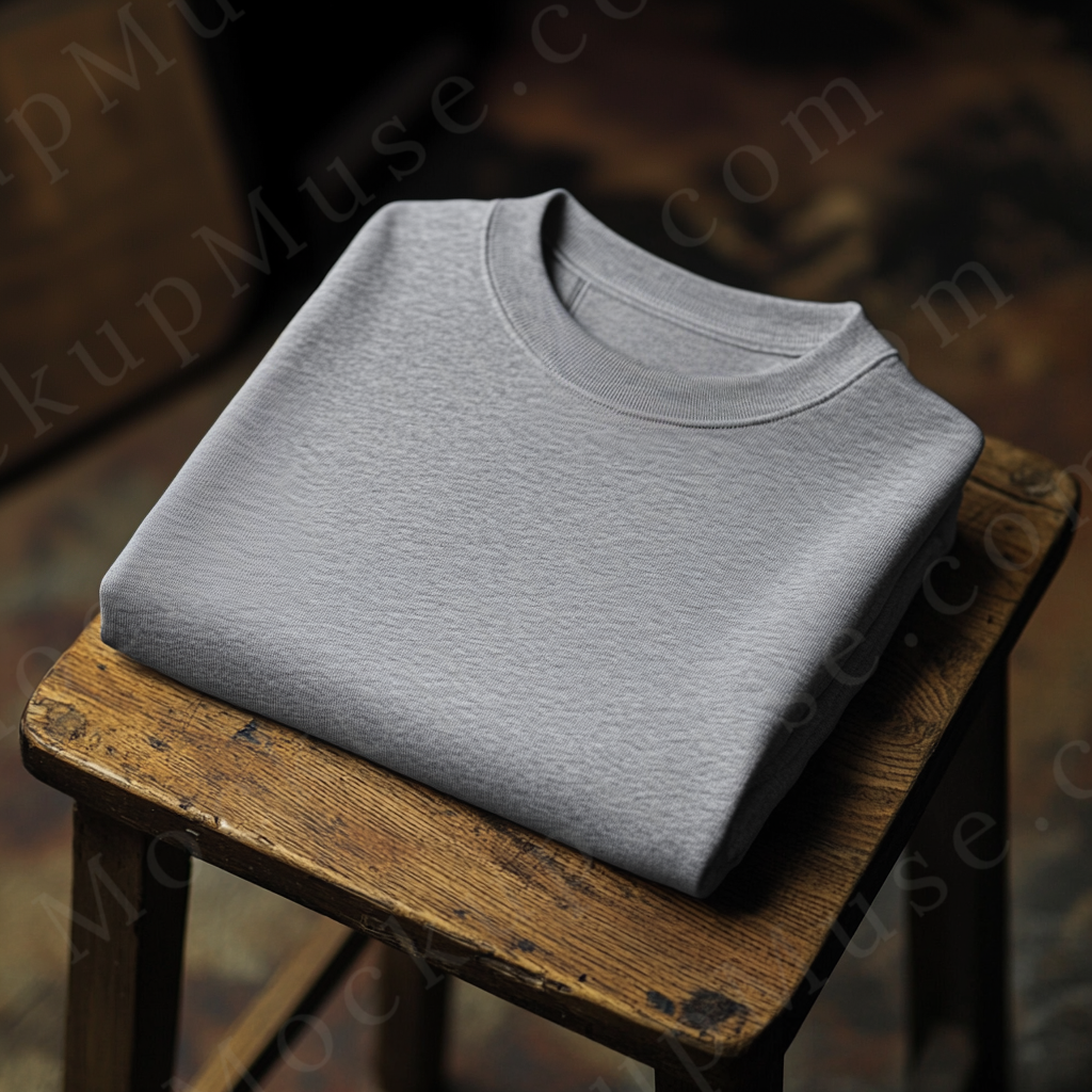 Folded Grey Sweatshirt, Wooden Stool, Lifestyle Scene, Front View (Gildan 18000), Digital Download, Gildan 18000 Sweatshirt POD Mockup