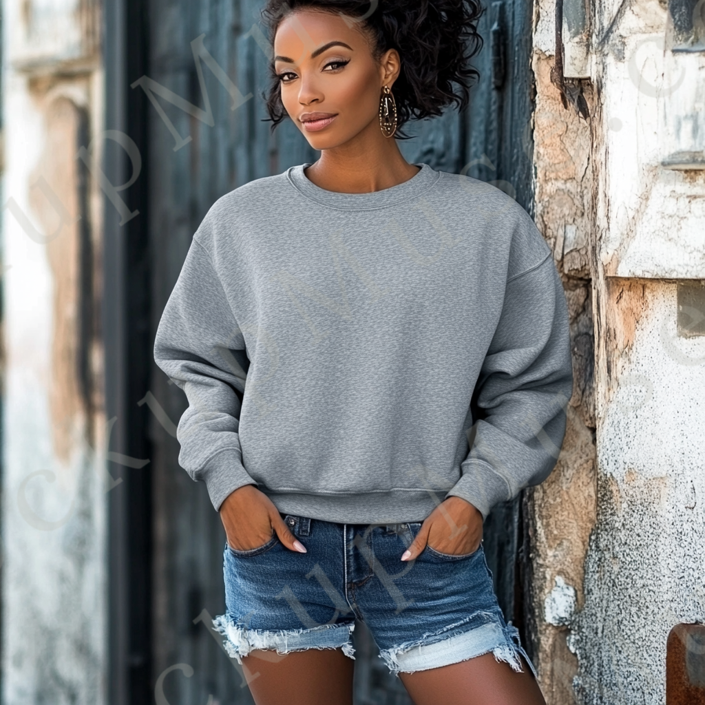 Womens grey sweatshirt mockup – lifestyle, leaning on old painted wall, second model; Gildan 18000 fit