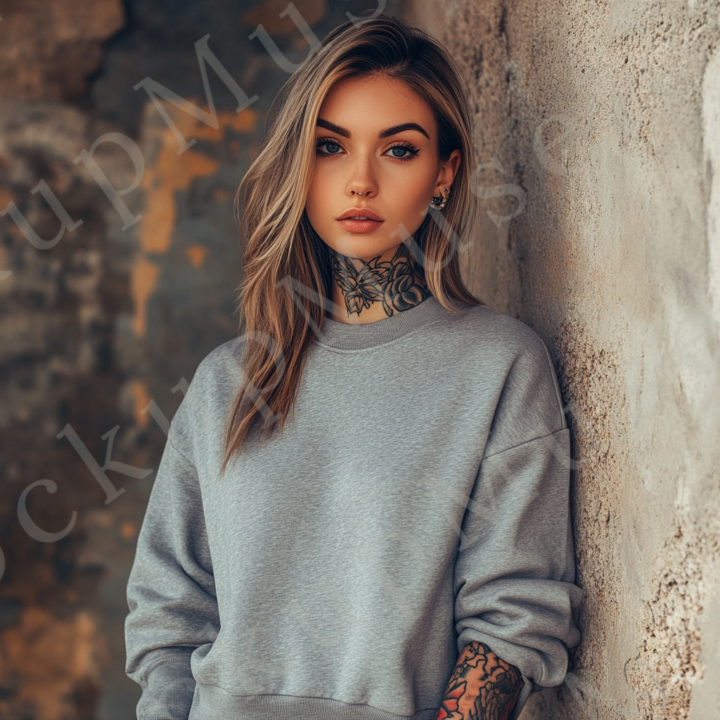 Womens grey sweatshirt mockup – lifestyle, outdoor stone/rock wall; Gildan 18000 fit
